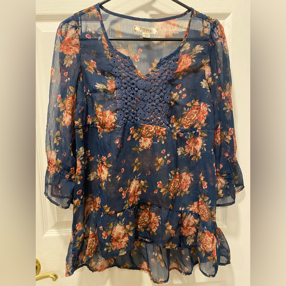 See through navy and floral long sleeve top